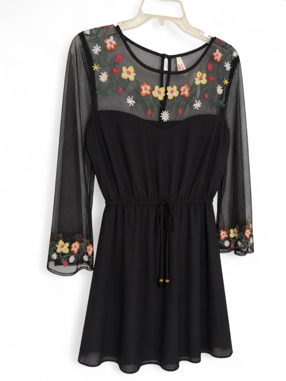 True Destiny Black Mesh Dress with Multicolor Handmade Floral Embroidery